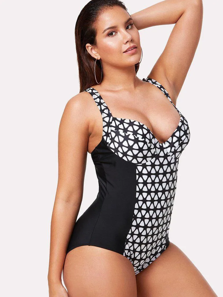 Geometric Pattern Two Tone Swimsuit