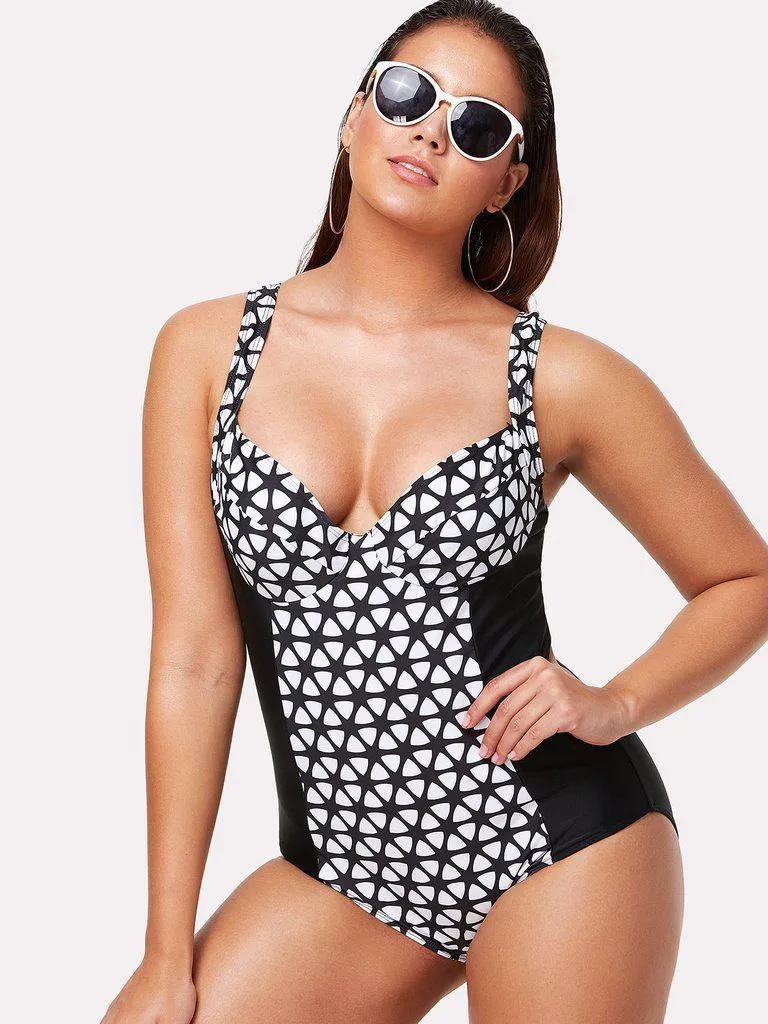 Geometric Pattern Two Tone Swimsuit