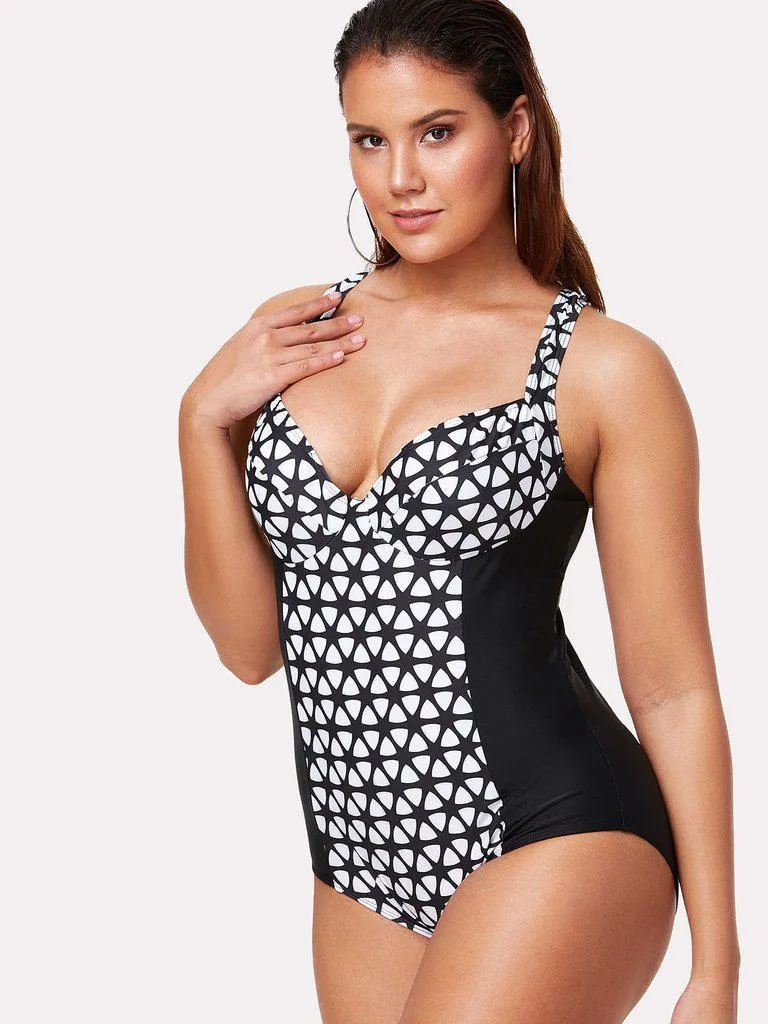 Geometric Pattern Two Tone Swimsuit