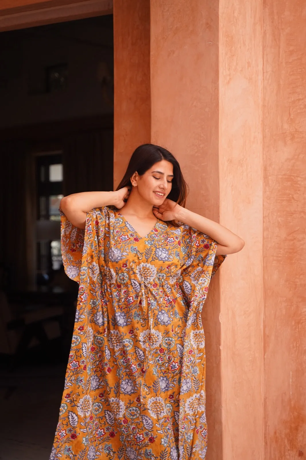 Gigi Hand Block Cotton Kaftan Dress