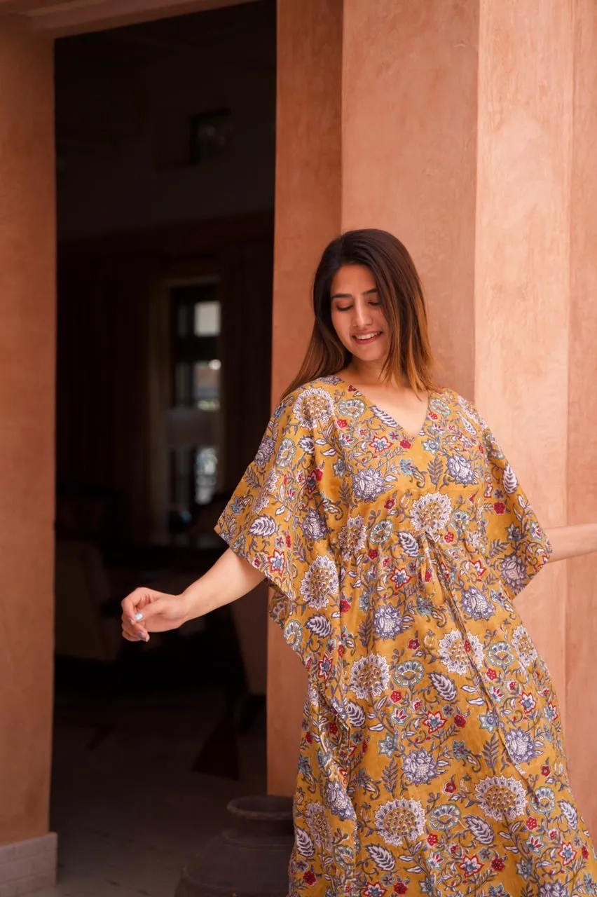 Gigi Hand Block Cotton Kaftan Dress
