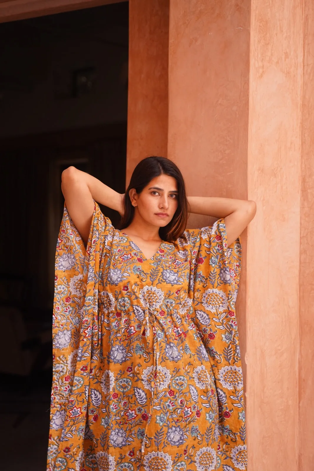 Gigi Hand Block Cotton Kaftan Dress