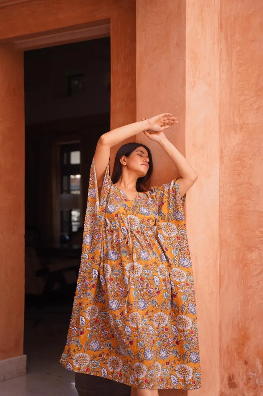 Gigi Hand Block Cotton Kaftan Dress