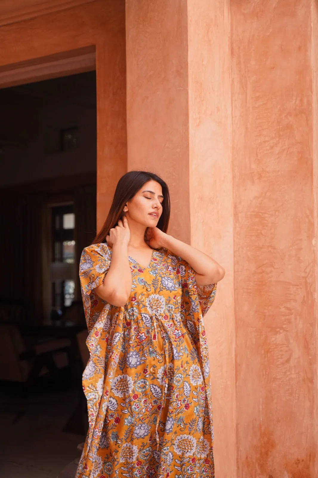 Gigi Hand Block Cotton Kaftan Dress