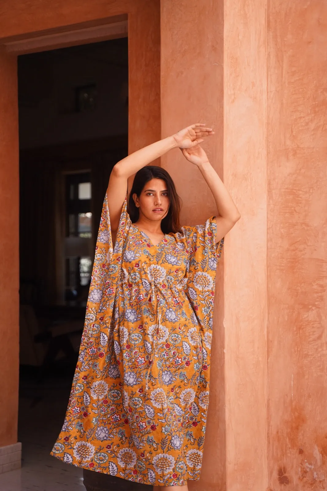 Gigi Hand Block Cotton Kaftan Dress