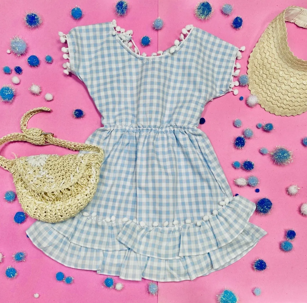 GINGHAM NISSI POM POM DRESS