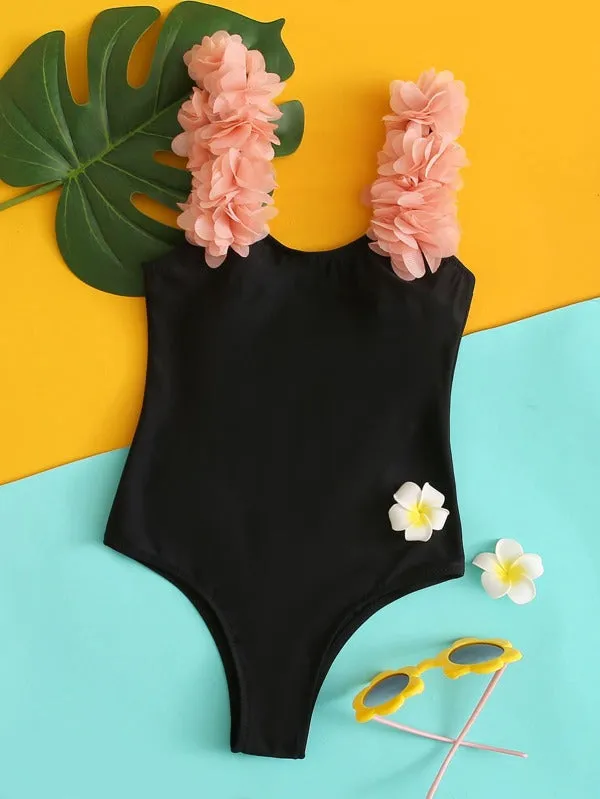 Girls Appliques One Piece Swimsuit