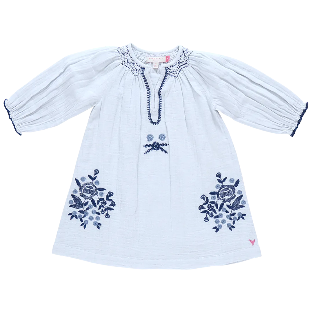 Girls Ava Dress - Wan Blue Embroidery