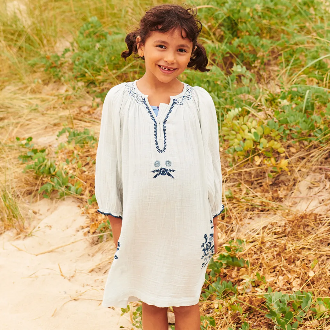 Girls Ava Dress - Wan Blue Embroidery