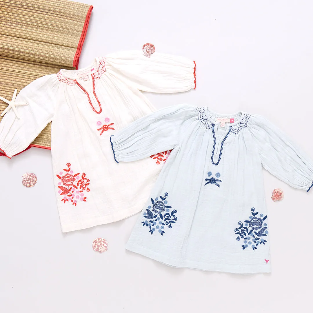 Girls Ava Dress - Wan Blue Embroidery