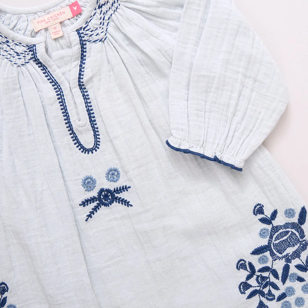 Girls Ava Dress - Wan Blue Embroidery