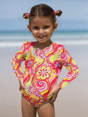 Girls’ Back-Tie Wetsuit-Style Swimsuit in Pink Palm