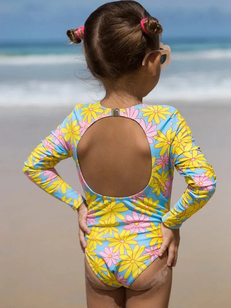 Girls’ Back-Tie Wetsuit-Style Swimsuit in Pink Palm