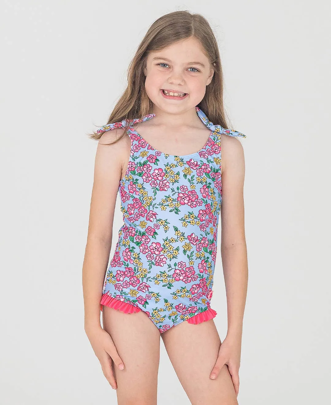 Girls Cheerful Blossoms Tie Shoulder One Piece
