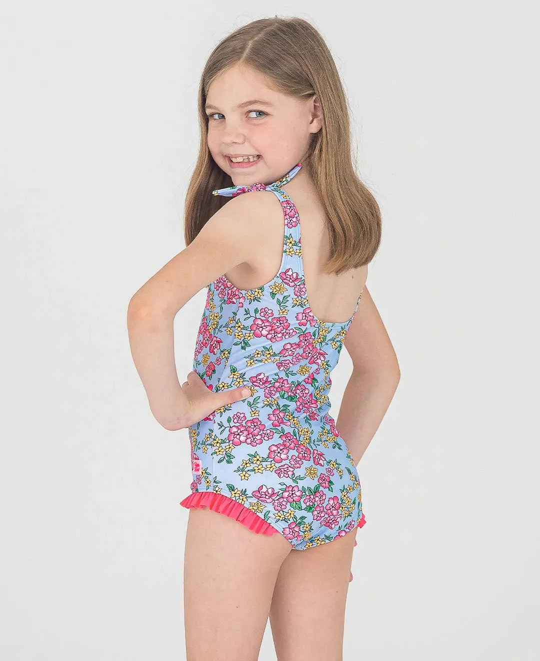 Girls Cheerful Blossoms Tie Shoulder One Piece