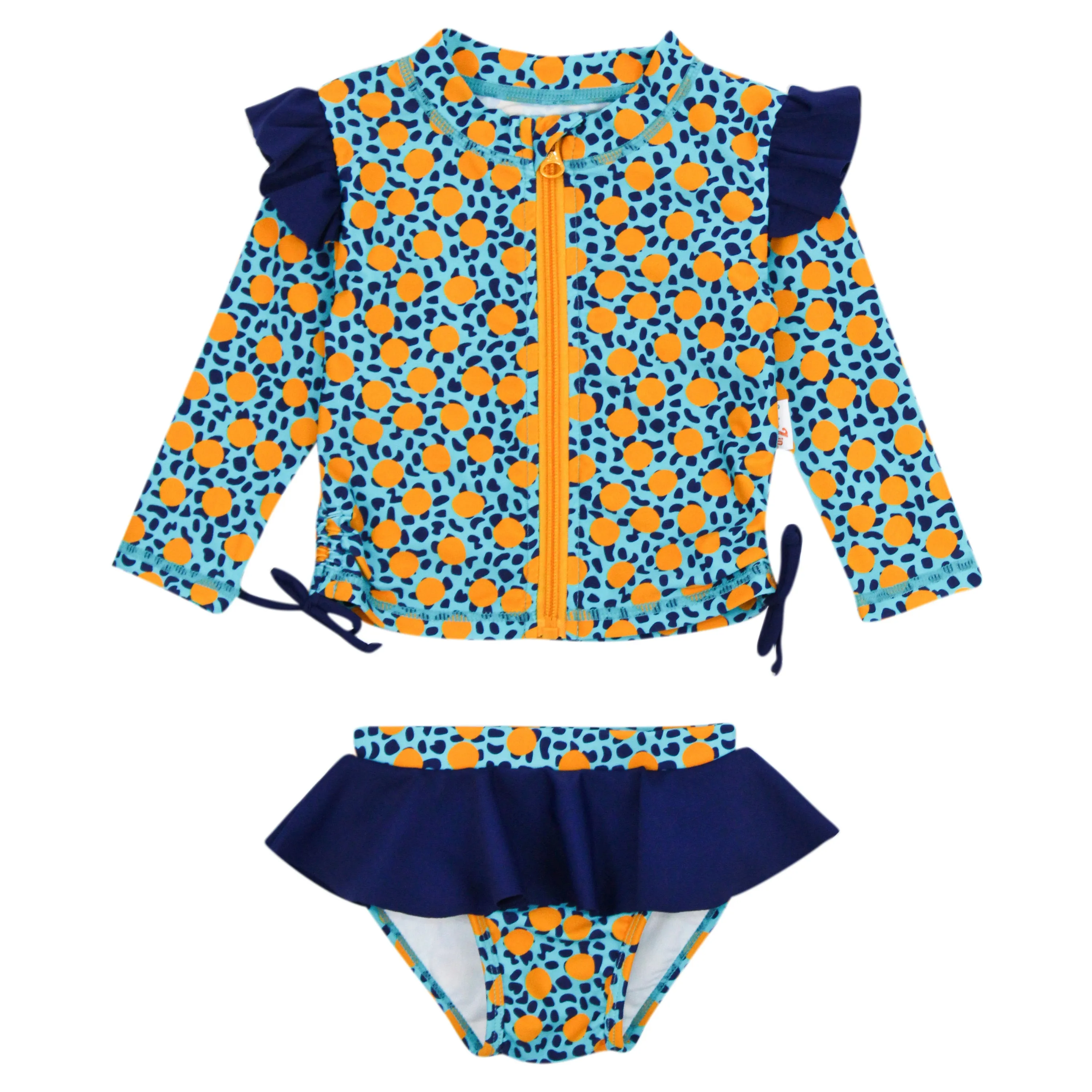 Girls Long Sleeve Rash Guard Ruffle Bottom Swimsuit Set (2 Piece) | "Geo Party"