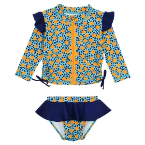 Girls Long Sleeve Rash Guard Ruffle Bottom Swimsuit Set (2 Piece) | "Geo Party"