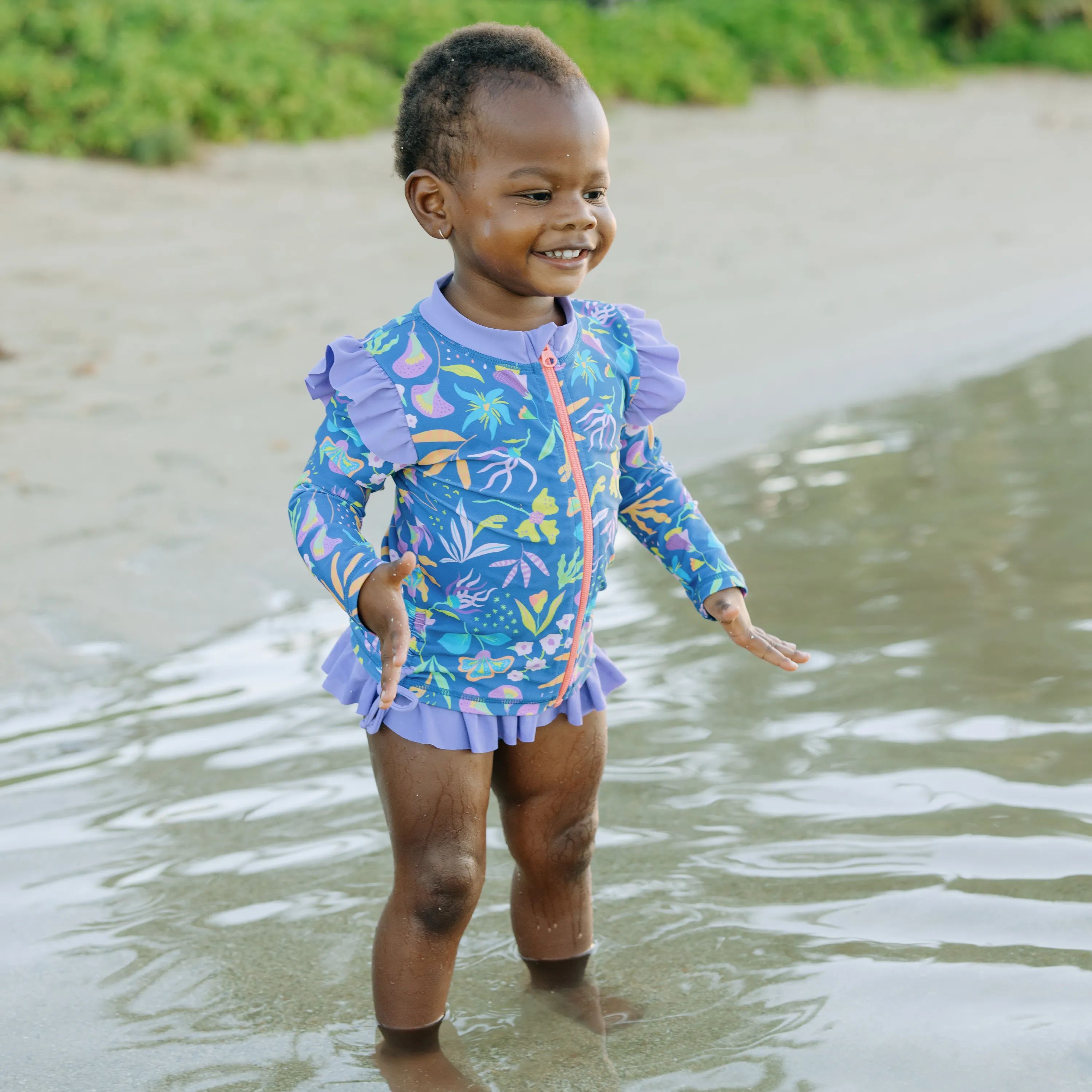 Girls Long Sleeve Rash Guard Ruffle Bottom Swimsuit Set (2 Piece) | "Tropadelic"