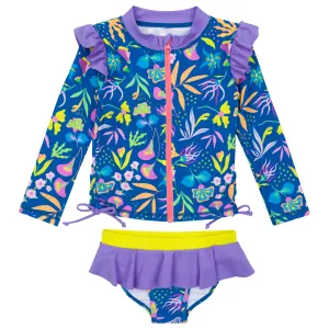Girls Long Sleeve Rash Guard Ruffle Bottom Swimsuit Set (2 Piece) | "Tropadelic"