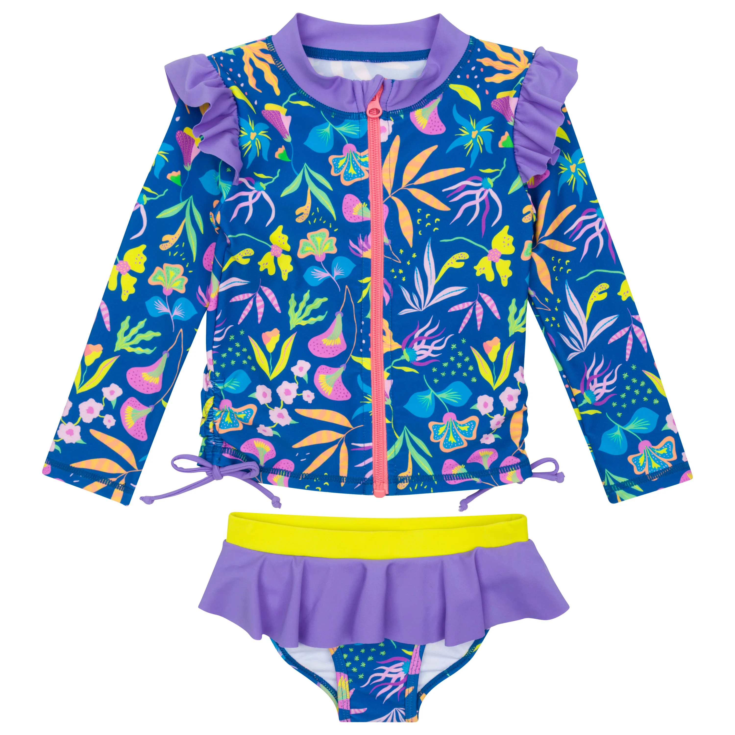 Girls Long Sleeve Rash Guard Ruffle Bottom Swimsuit Set (2 Piece) | "Tropadelic"