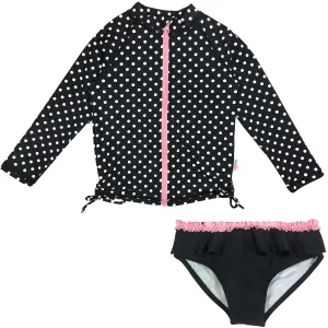 Girls Long Sleeve Rash Guard Ruffle Swimsuit Set (2 Piece) - "Black Polka Dot"