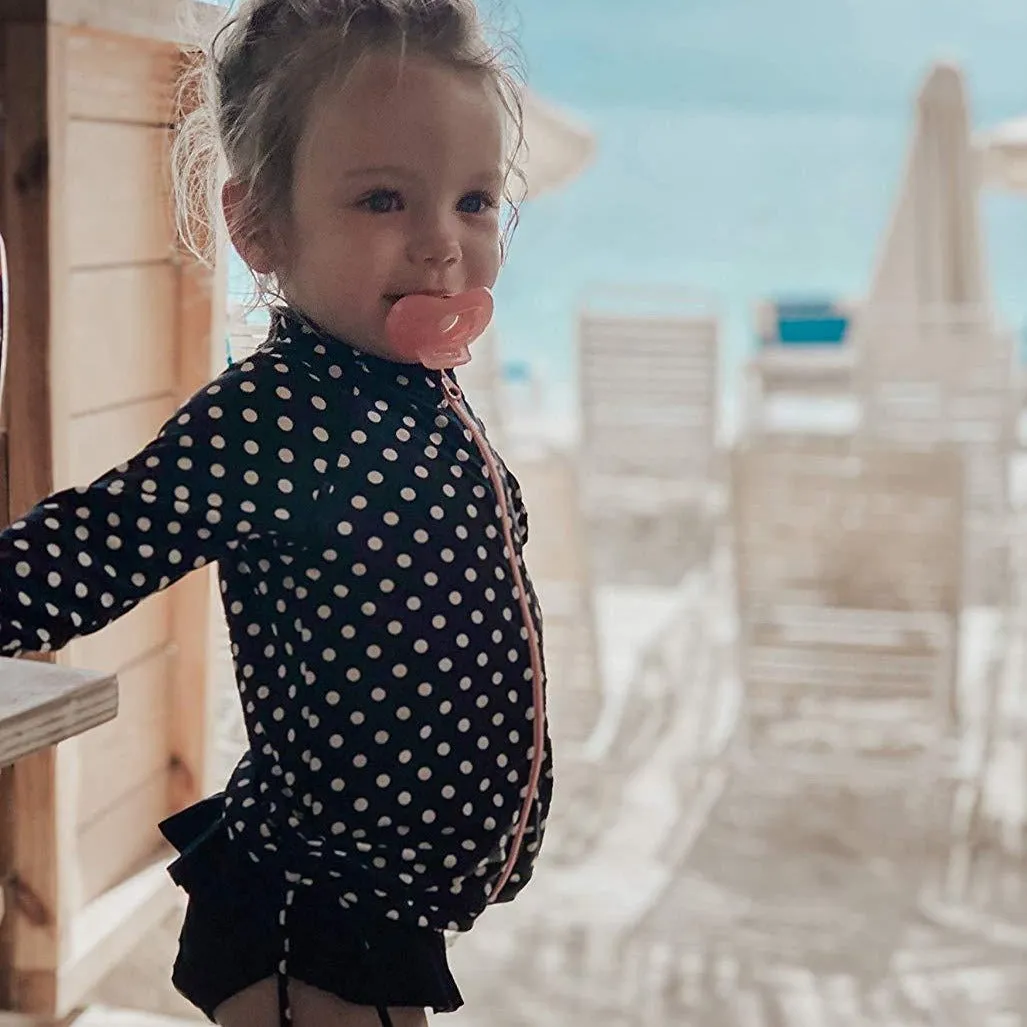 Girls Long Sleeve Rash Guard Ruffle Swimsuit Set (2 Piece) - "Black Polka Dot"