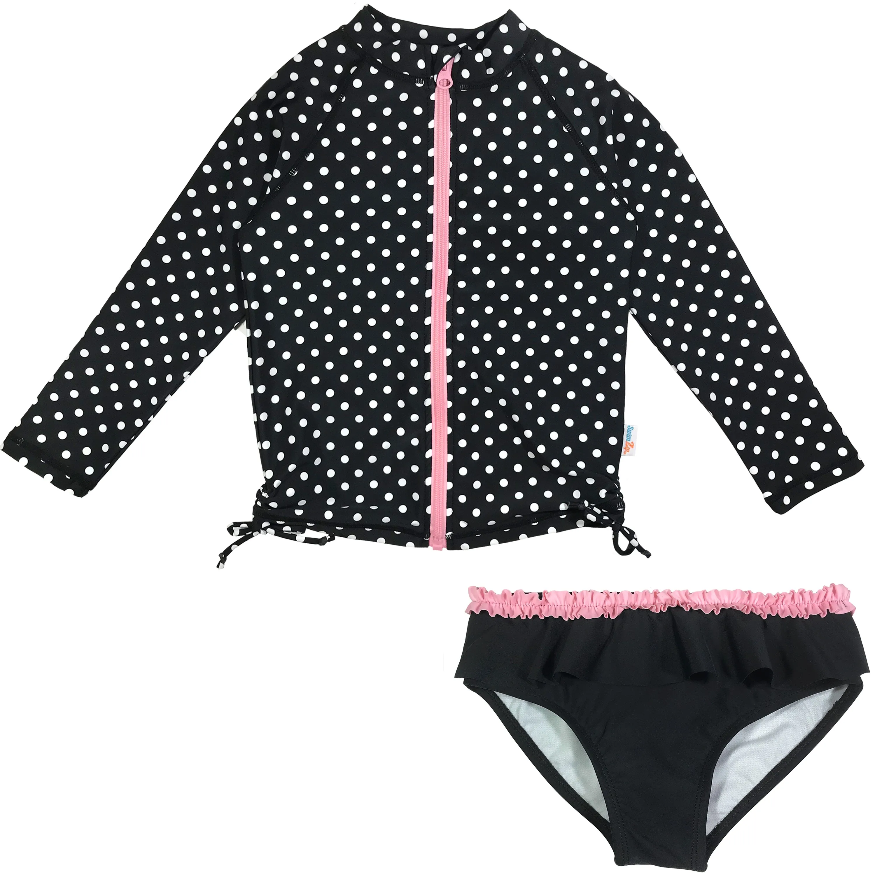 Girls Long Sleeve Rash Guard Ruffle Swimsuit Set (2 Piece) - "Black Polka Dot"