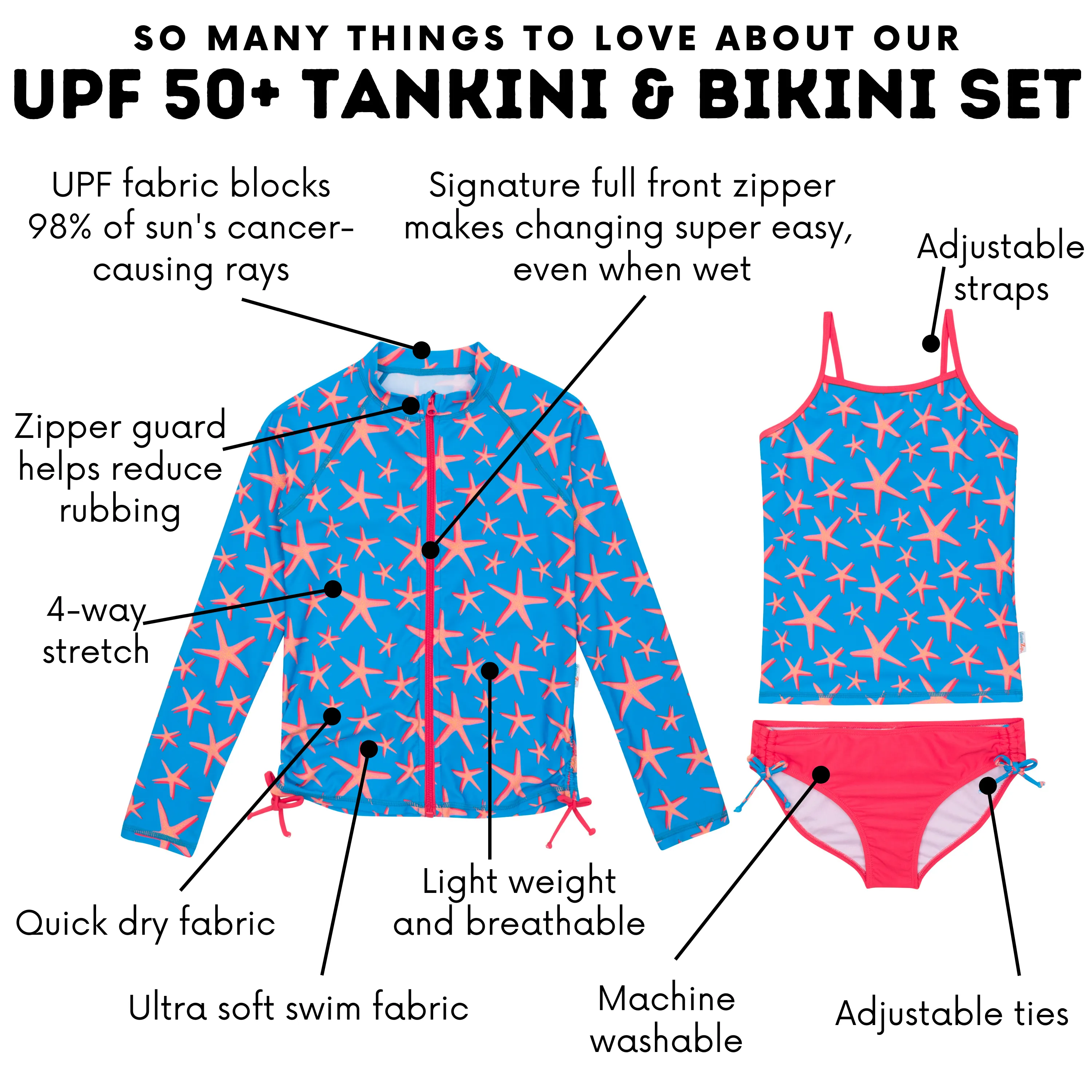 Girls Long Sleeve Rash Guard   Tankini Bikini Set (3 Piece) | "Starfish"