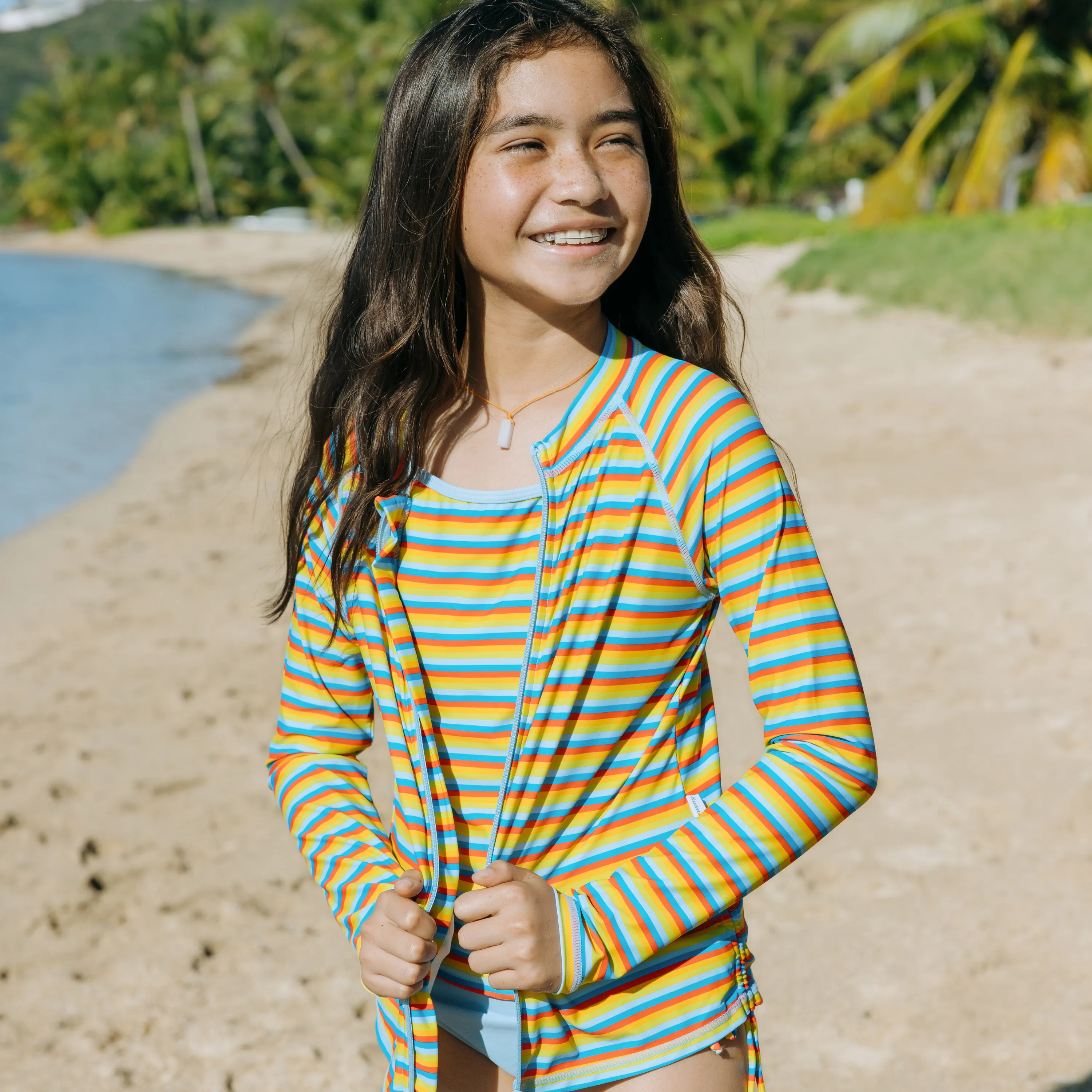 Girls Long Sleeve Rash Guard   Tankini Bikini Set (3 Piece) | "Sunny Stripe"