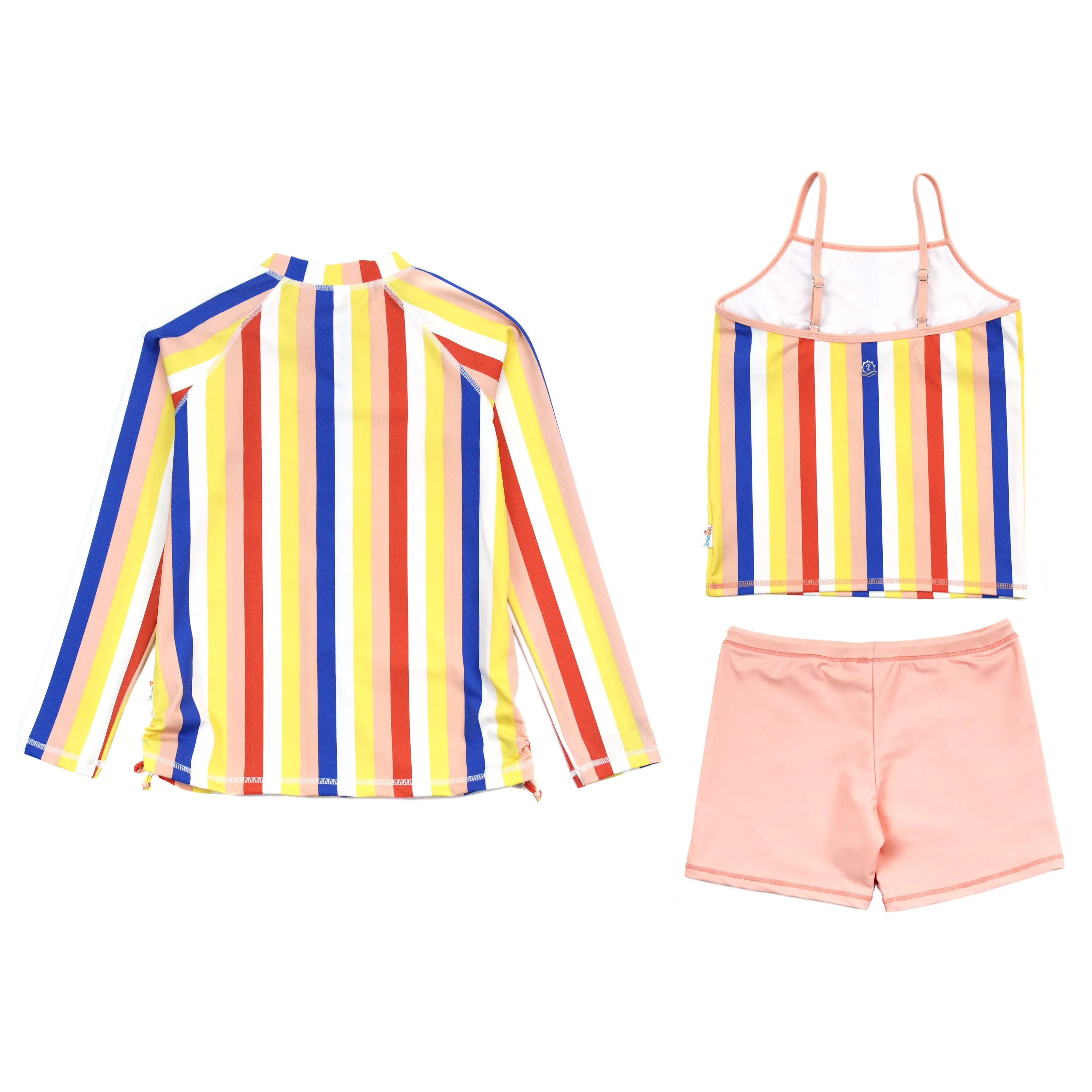 Girls Long Sleeve Rash Guard   Tankini Shorts Set (3 Piece) | "Multi Stripe"
