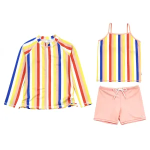 Girls Long Sleeve Rash Guard   Tankini Shorts Set (3 Piece) | "Multi Stripe"