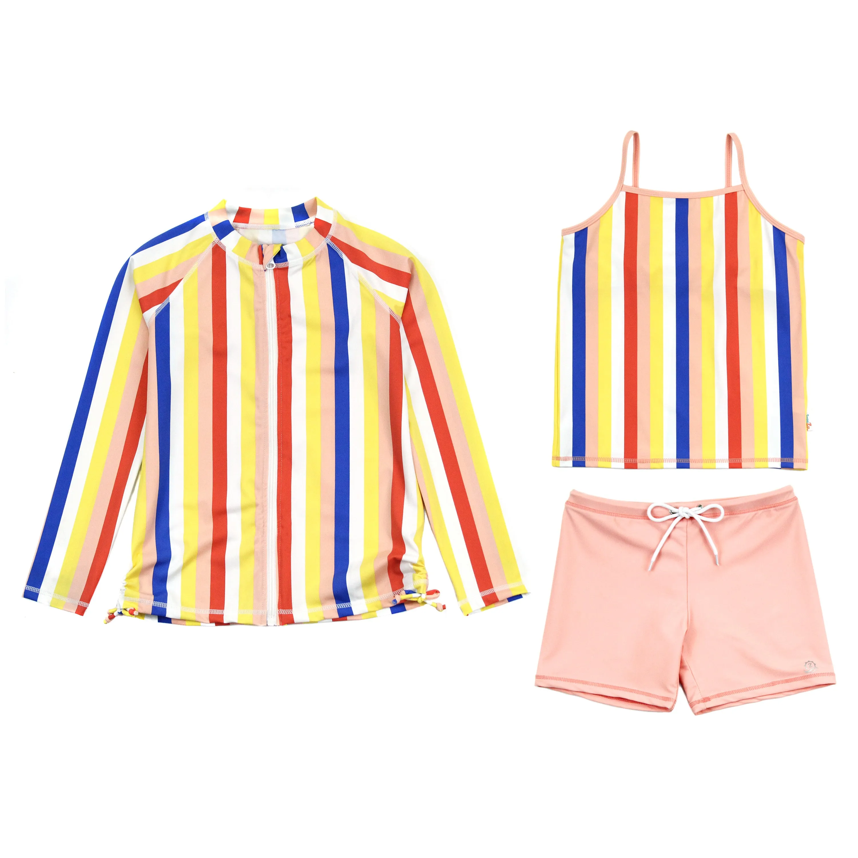 Girls Long Sleeve Rash Guard   Tankini Shorts Set (3 Piece) | "Multi Stripe"