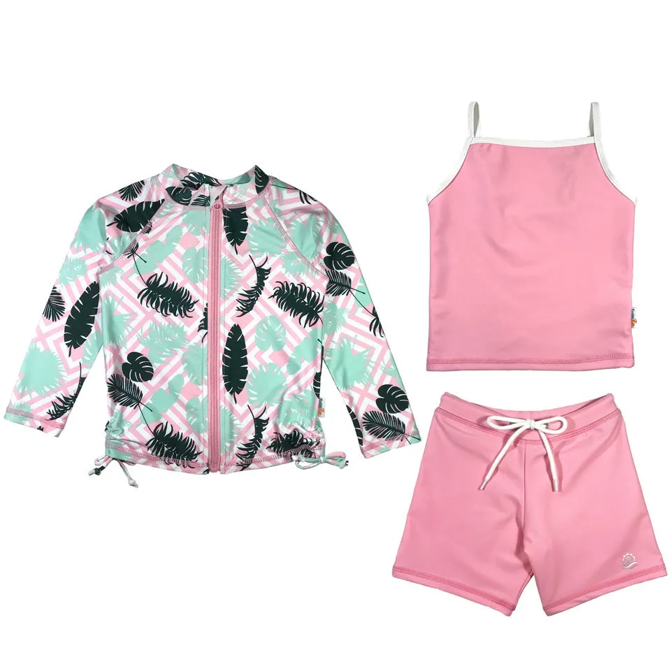 Girls Long Sleeve Rash Guard   Tankini Shorts Set (3 Piece) | "Palm Breeze"
