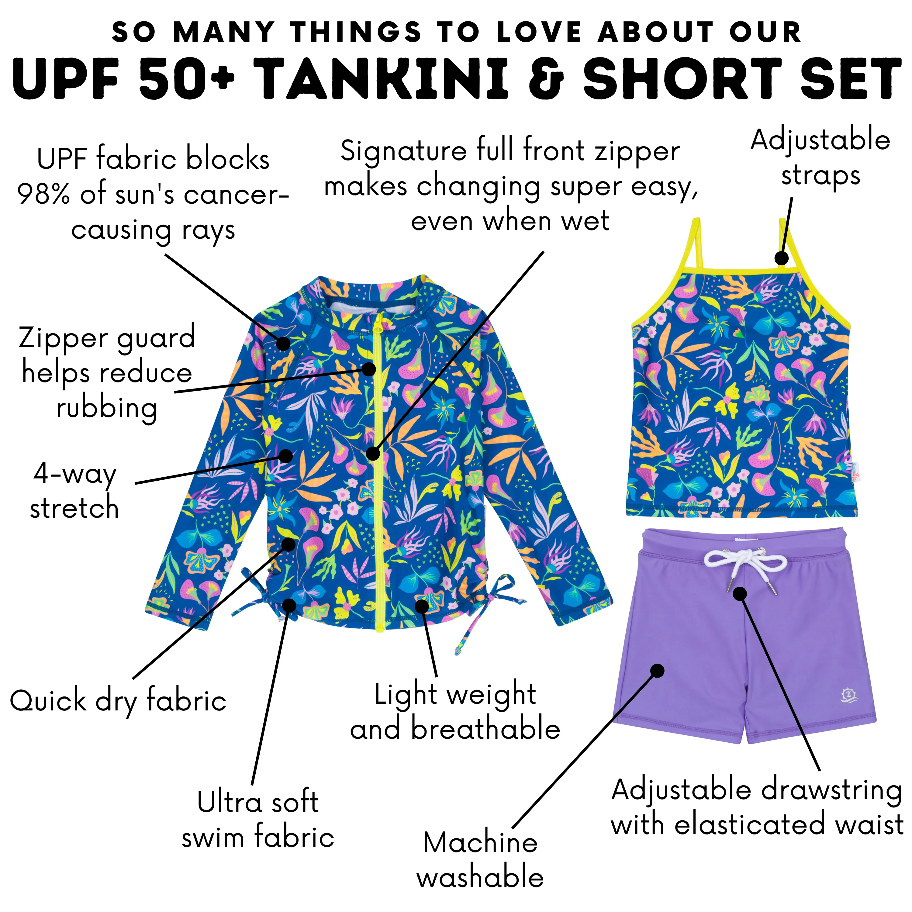 Girls Long Sleeve Rash Guard   Tankini Shorts Set (3 Piece) | "Tropadelic"