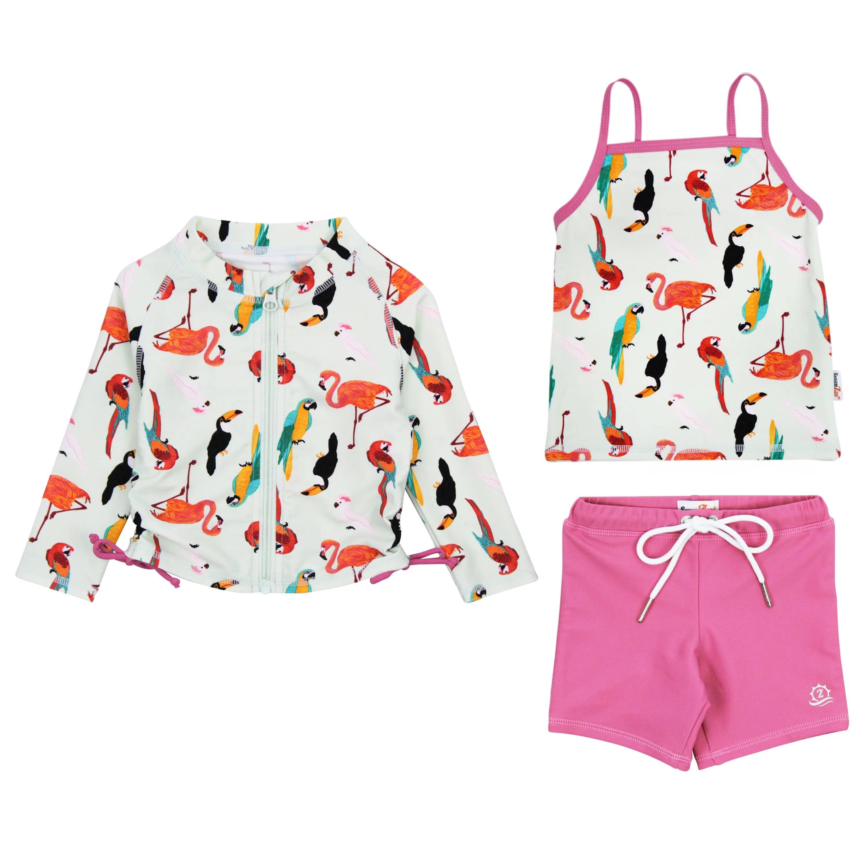 Girls Long Sleeve Rash Guard   Tankini Shorts Set (3 Piece) | "Tropical Birds"