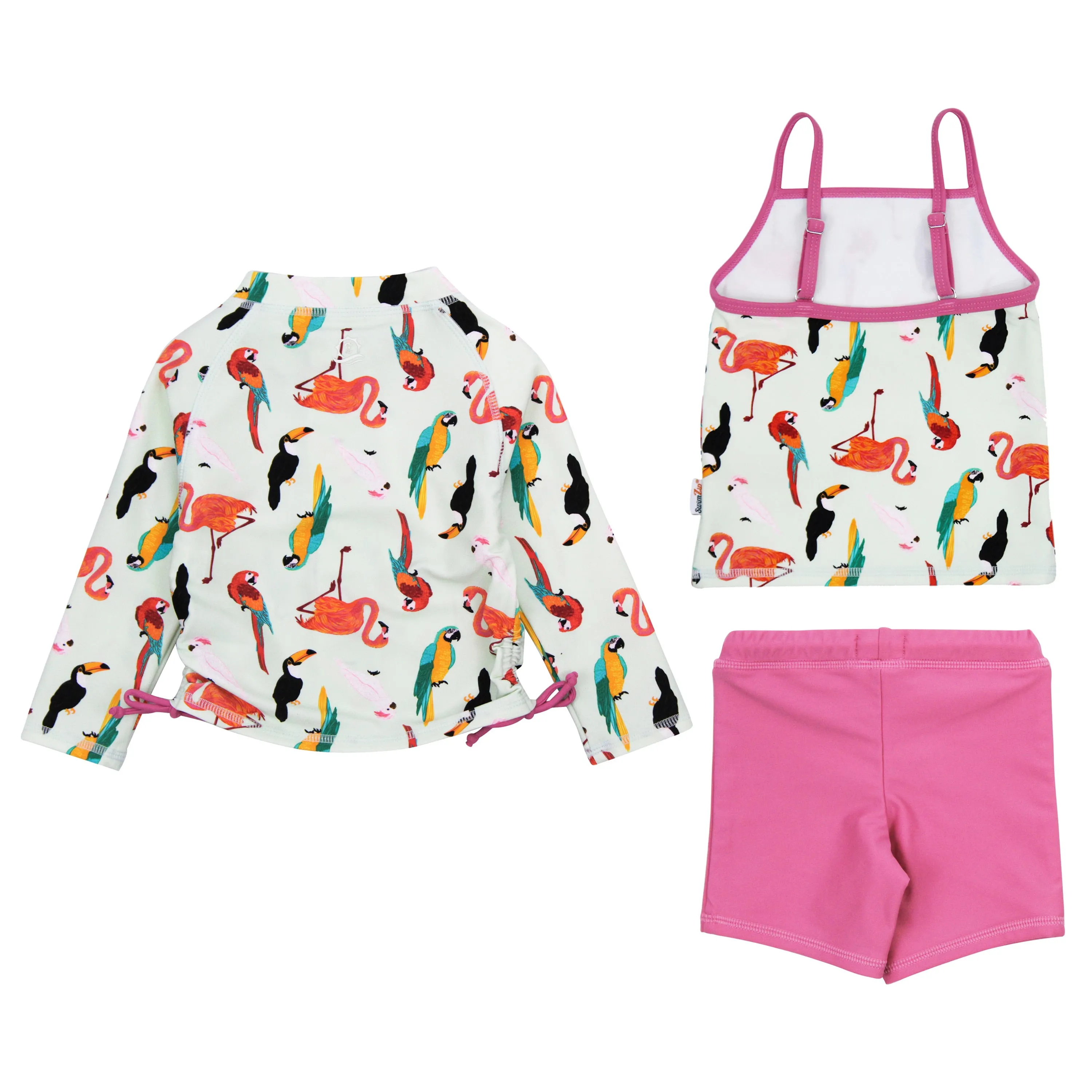 Girls Long Sleeve Rash Guard   Tankini Shorts Set (3 Piece) | "Tropical Birds"