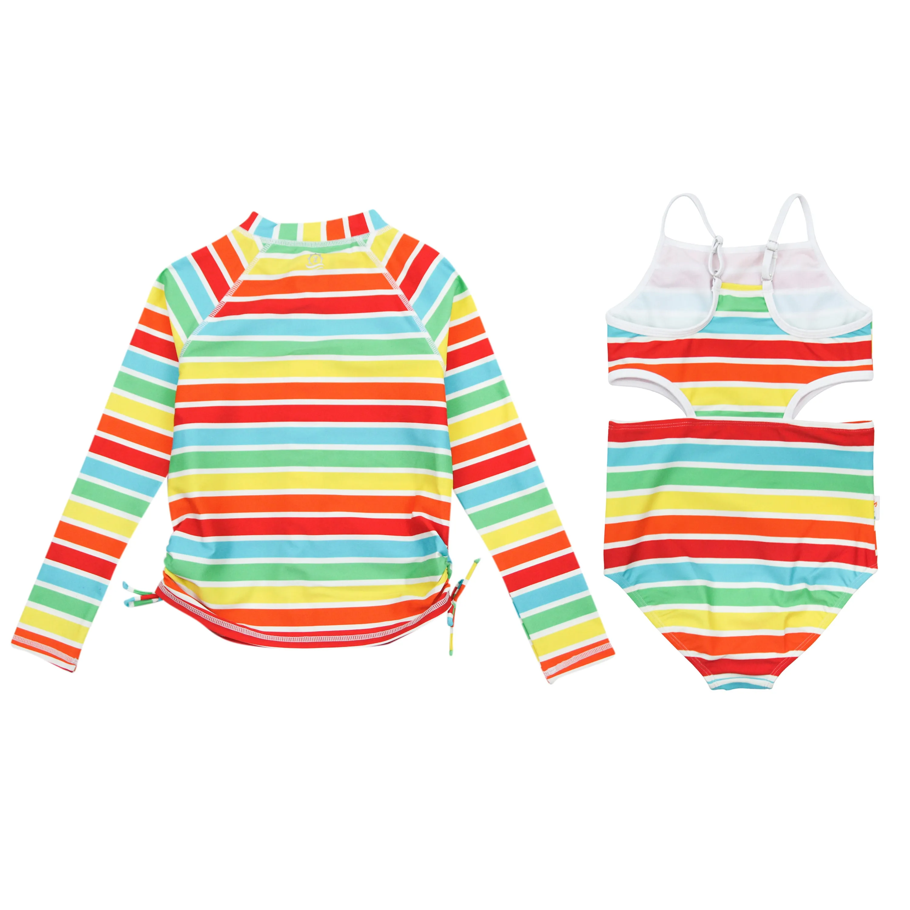 Girls One-Piece Cut Out Swimsuit   Long Sleeve Rash Guard Set (2 Piece) - "Rainbow"
