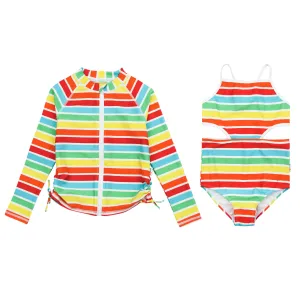 Girls One-Piece Cut Out Swimsuit   Long Sleeve Rash Guard Set (2 Piece) - "Rainbow"
