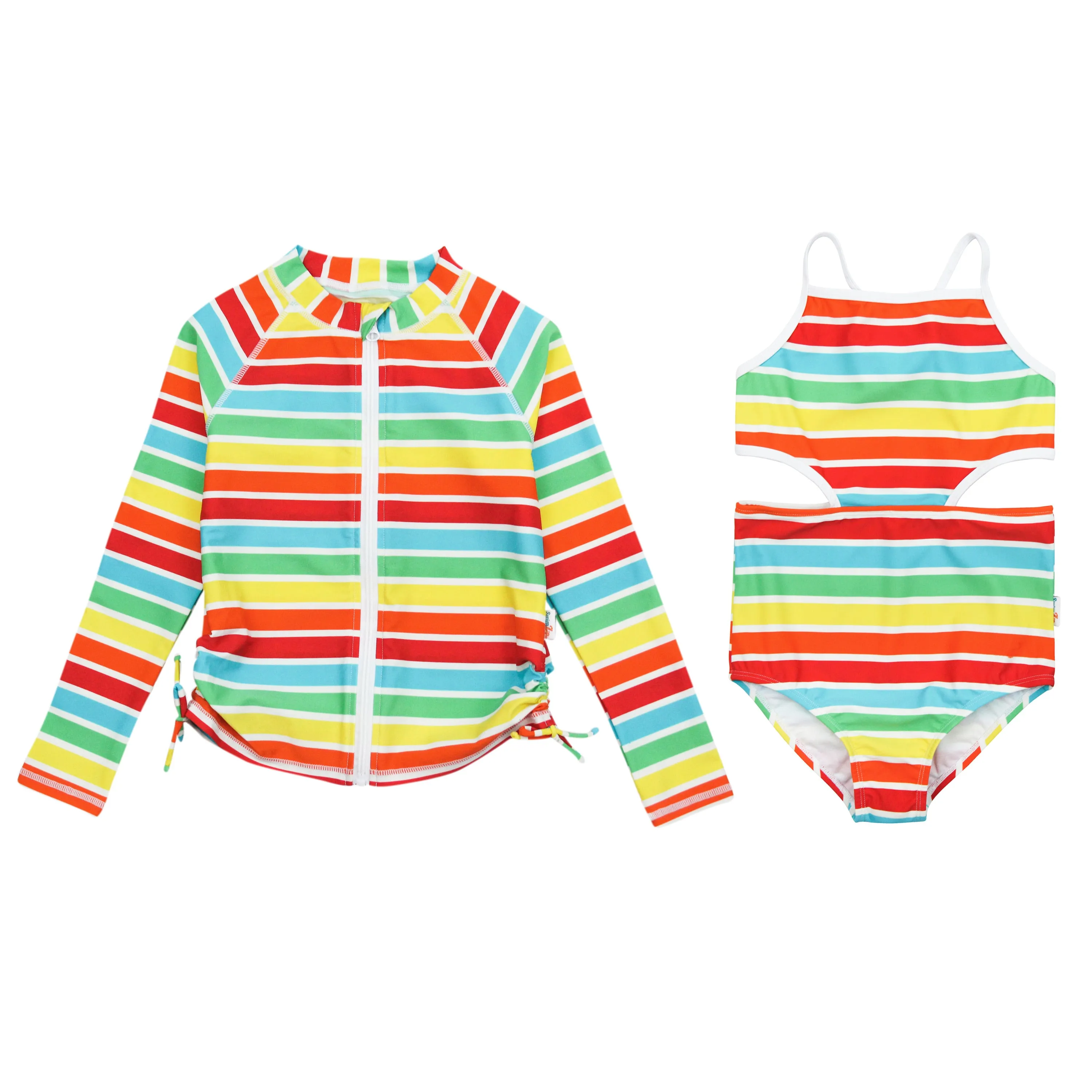Girls One-Piece Cut Out Swimsuit   Long Sleeve Rash Guard Set (2 Piece) - "Rainbow"