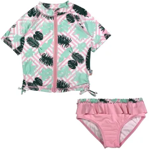 Girls Short Sleeve Rash Guard Swimsuit Set (2 Piece) - "Palm Breeze"