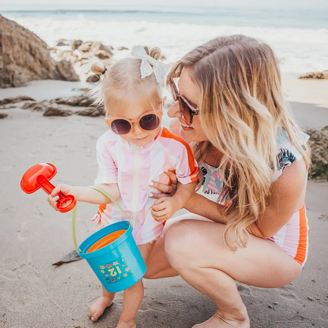 Girls Short Sleeve Rash Guard Swimsuit Set (2 Piece) - "Peachy Stripes"