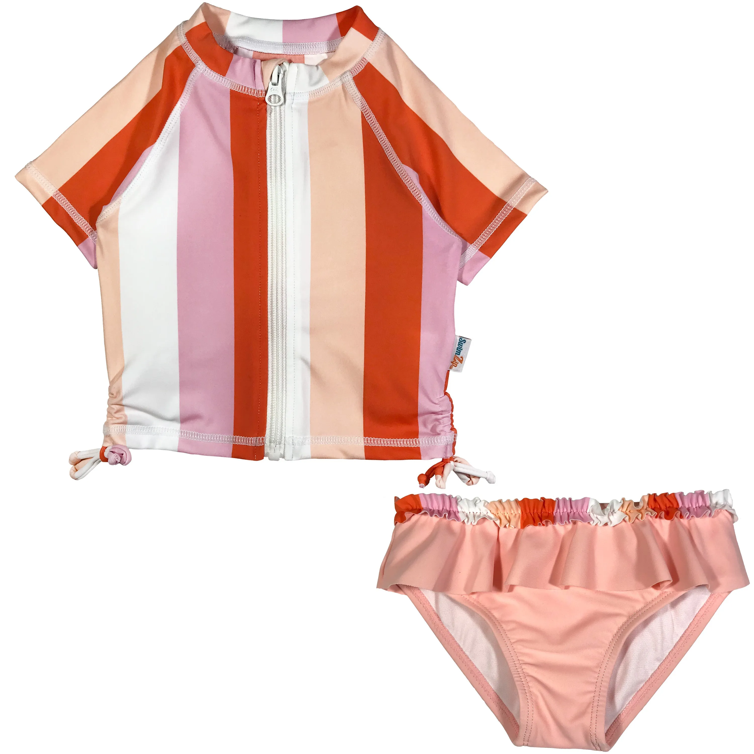 Girls Short Sleeve Rash Guard Swimsuit Set (2 Piece) - "Peachy Stripes"
