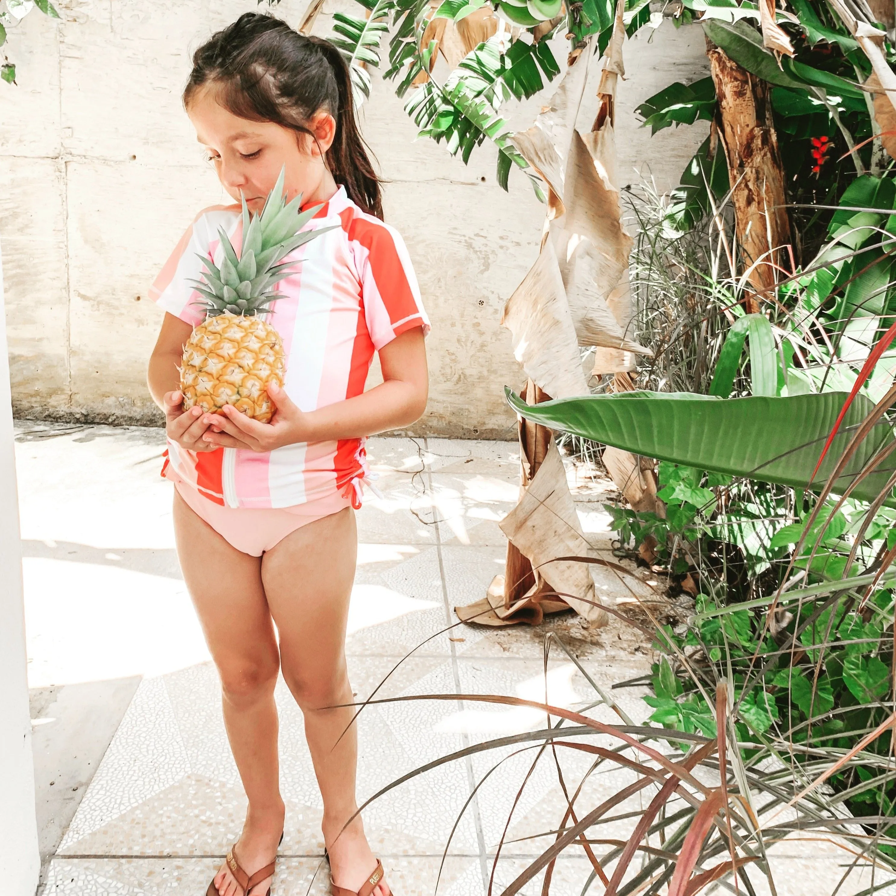 Girls Short Sleeve Rash Guard Swimsuit Set (2 Piece) - "Peachy Stripes"