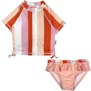 Girls Short Sleeve Rash Guard Swimsuit Set (2 Piece) - "Peachy Stripes"
