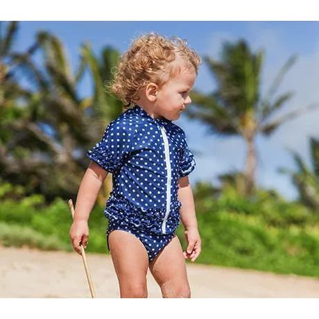 Girls Short Sleeve Rash Guard Swimsuit Set (2 Piece) - "Sassy Surfer" Navy