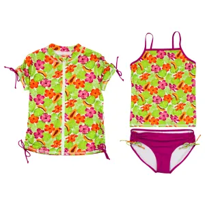 Girls Short Sleeve Rash Guard   Tankini Bikini Set (3 Piece) | "Hibiscus”