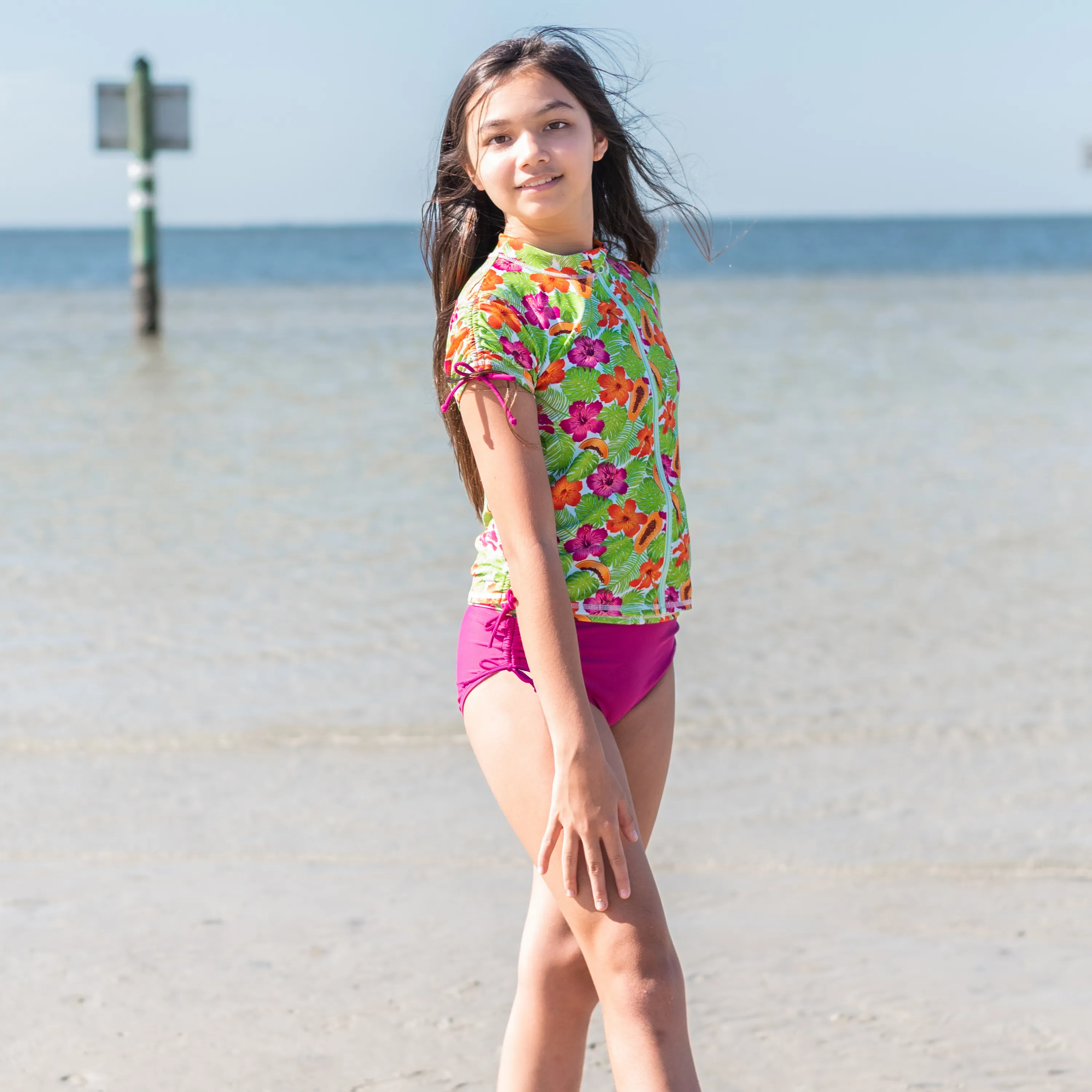 Girls Short Sleeve Rash Guard   Tankini Bikini Set (3 Piece) | "Hibiscus”
