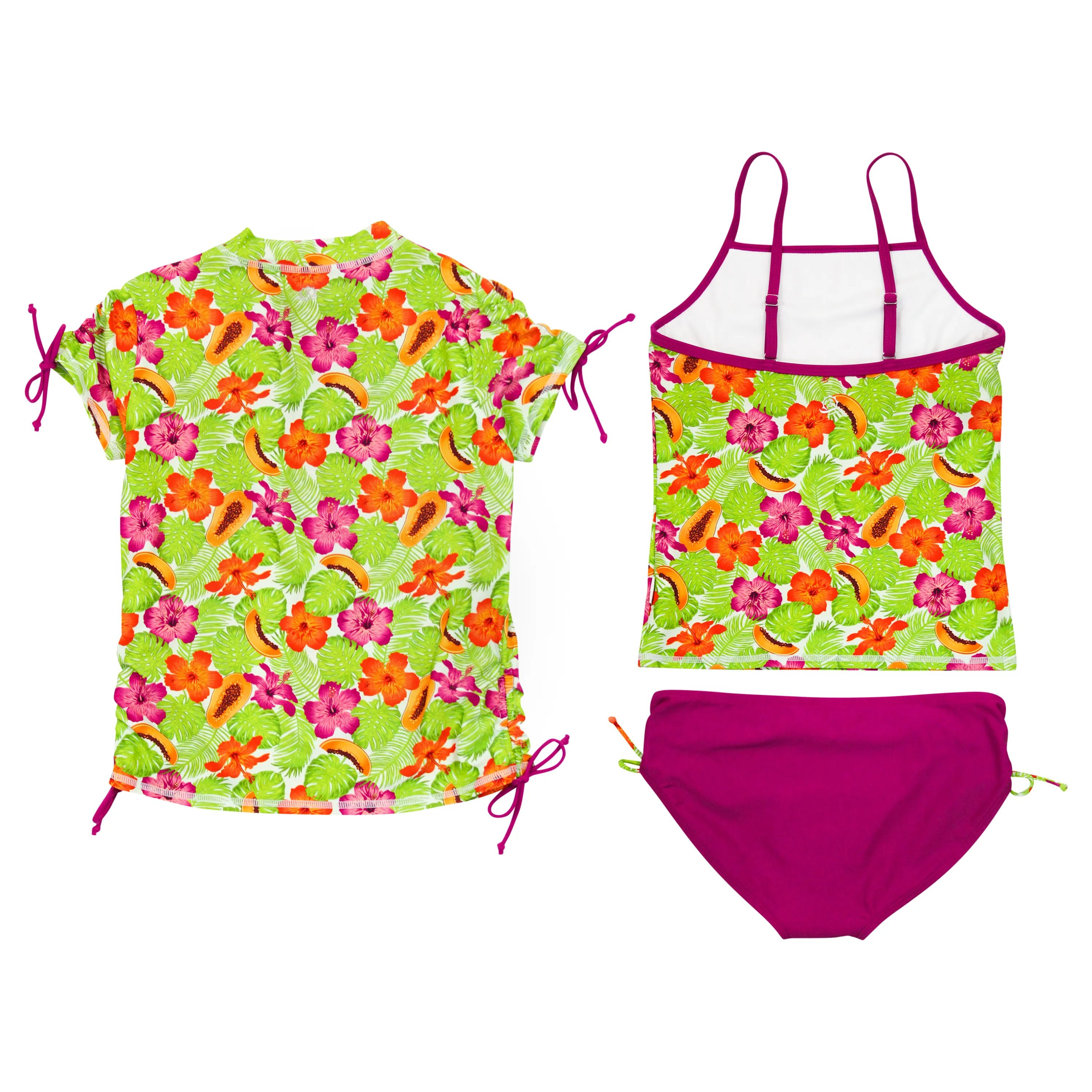 Girls Short Sleeve Rash Guard   Tankini Bikini Set (3 Piece) | "Hibiscus”