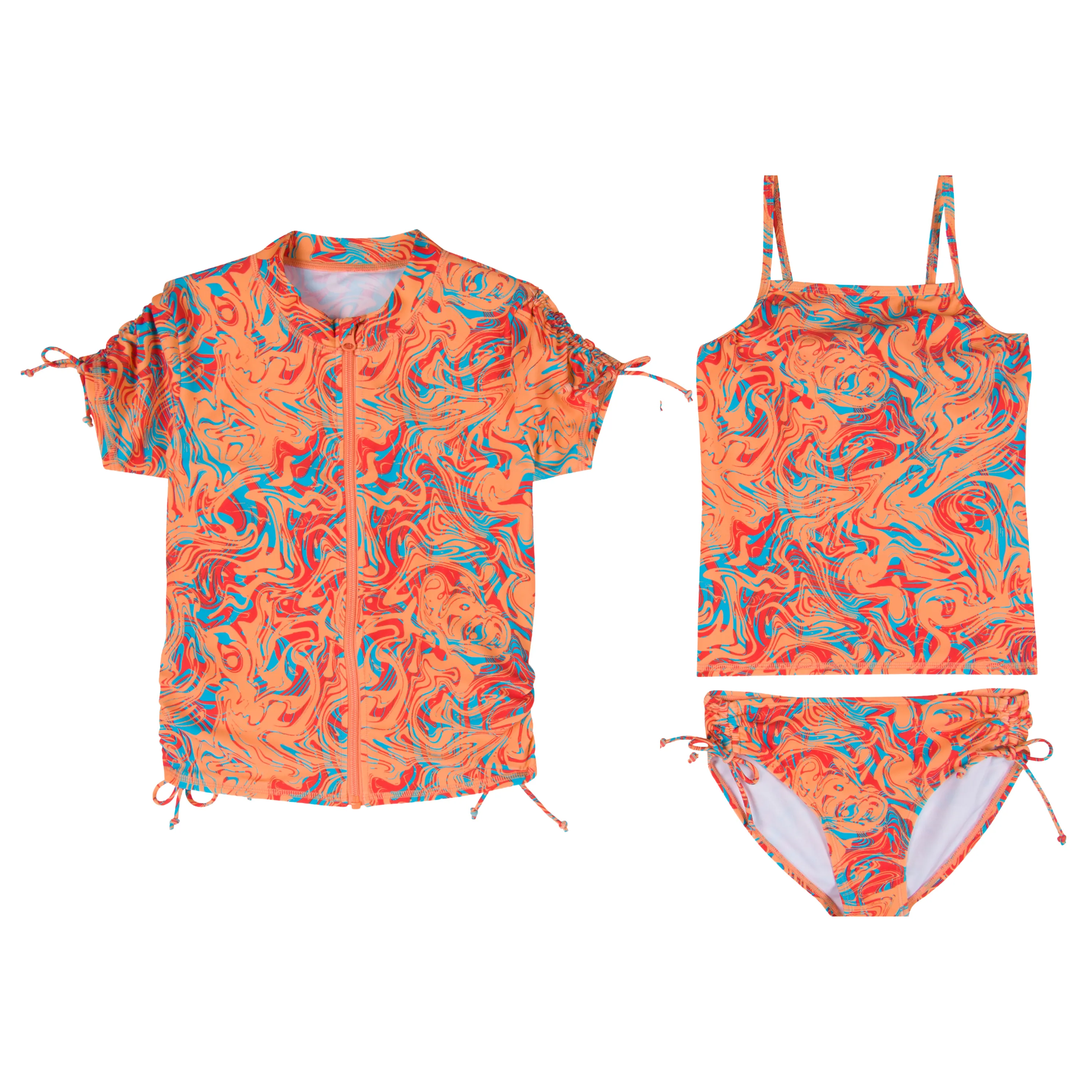 Girls Short Sleeve Rash Guard   Tankini Bikini Set (3 Piece) | "Swirl”
