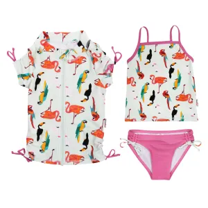 Girls Short Sleeve Rash Guard   Tankini Bikini Set (3 Piece) | "Tropical Birds”